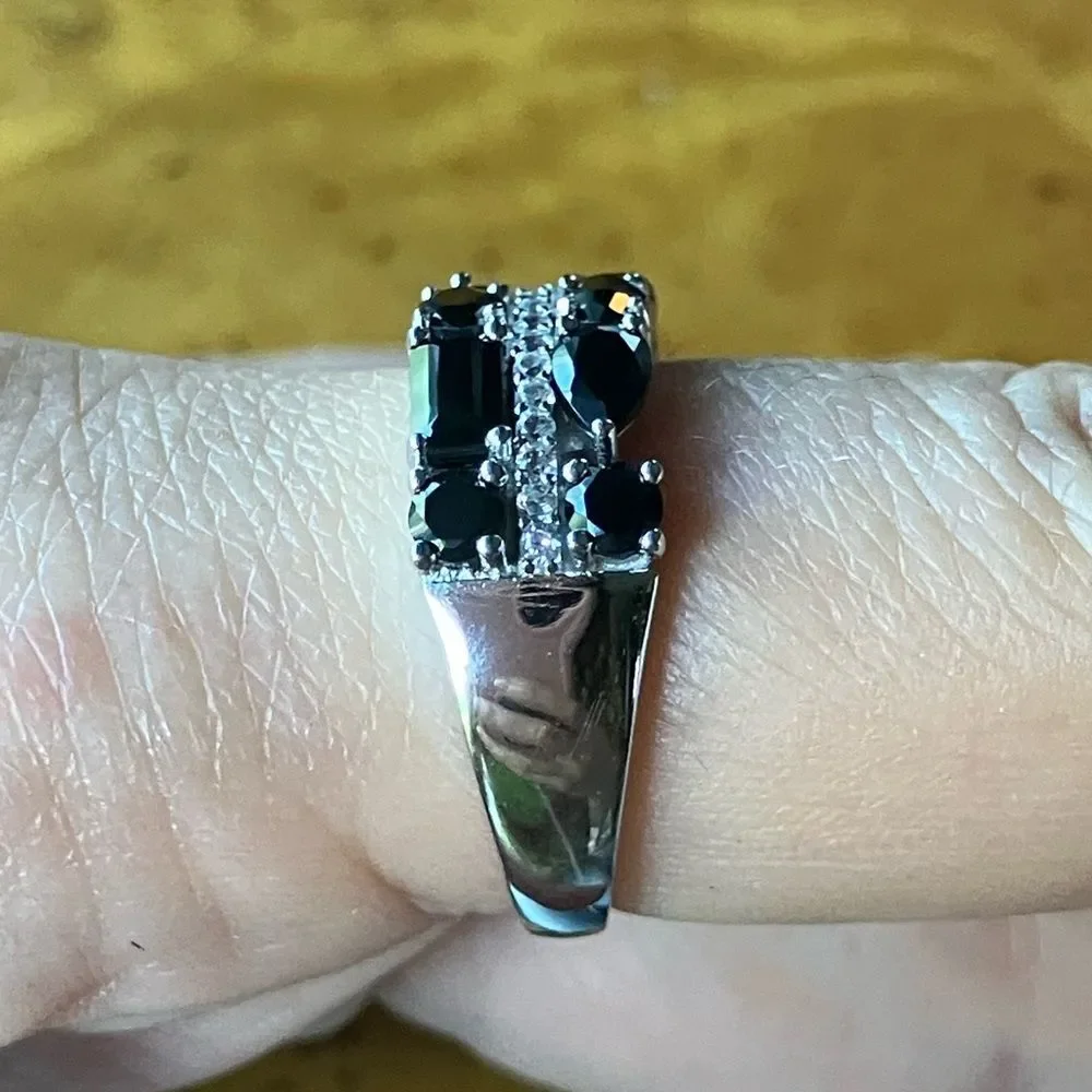 Natural Black Spinel Sterling Silver Ring Size 8